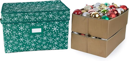 Covermates Keepsakes Adjustable Ornament Storage Box – Heavy-Duty Polyester, Padded Dividers & FlexGrid Trays – Protective Holiday Organizer with Stackable Walls & Label Window, Green Snowflake by Covermates
