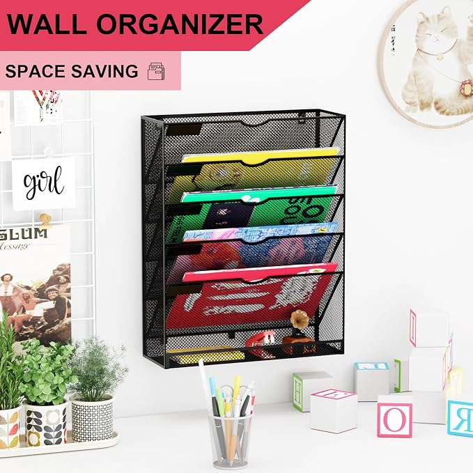 Hanging Wall File Organizer 6 Tier Wall Mounted Mail Paper Folder Holder Document Organization Stand, Vertical Desk Magazine Rack for Office Home Cubicle Countertop, Black - Image 2