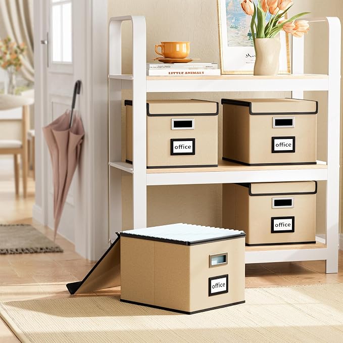 File Organizer Box with Lids, Collapsible File Folder Organizer | File Box with Plastic Slides for Office Document Storage, Filing Bin for Letter Size Hanging File Folders (1 Pack, Brown) - Image 2