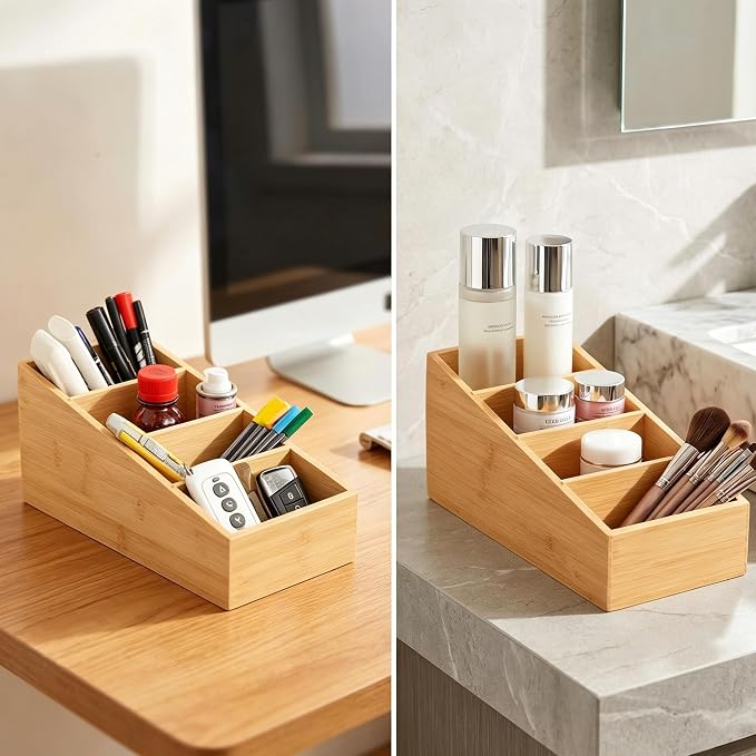 2 Pack Bamboo Snack Organizer, 4 Section | 360° Rotating, Art Supply Holder & Office Storage Caddy, For Colored Pencils, Crayons, Paintbrushes - Image 6