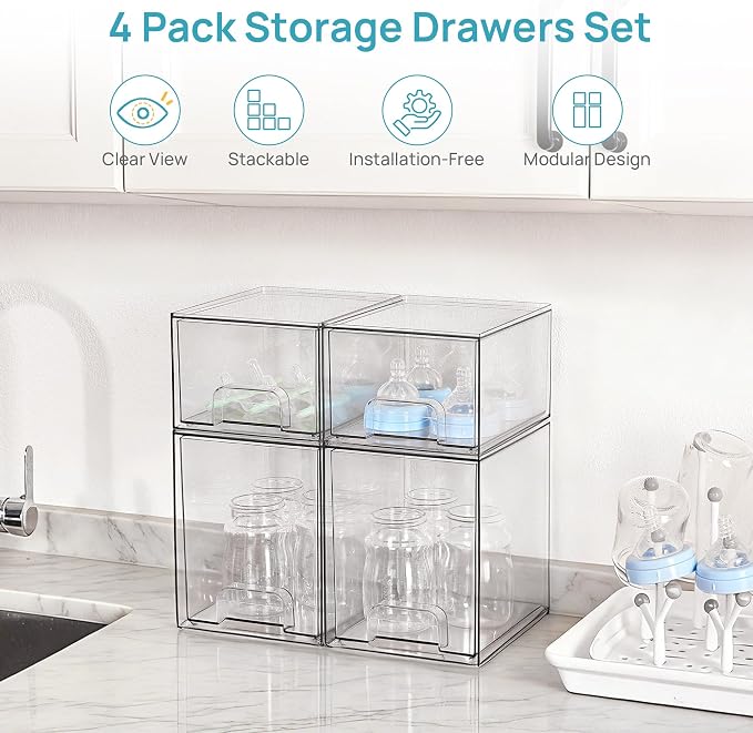 Vtopmart 4 Pack Baby Bottle Organizer Set, Stackable Storage Drawers Ideal for Kichen Countertop, Vanity, Bathroom, Cabinet, Pantry Organization - Image 3