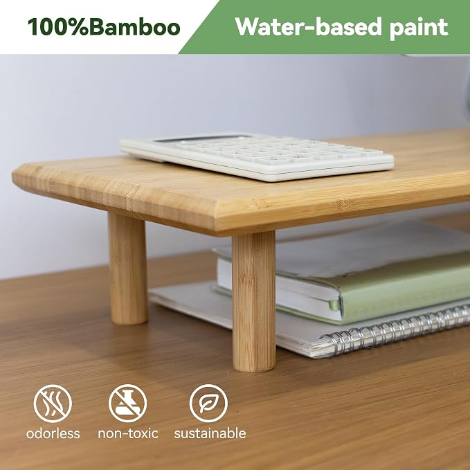 Bamboo Dual Monitor Stand Riser, Natural Desk Shelf with Storage | 39.37-Inch Wide, 3.5-Inch Clearance, Fits Keyboards, Soundbars and Two 24-Inch Monitors for Home Office - Image 2