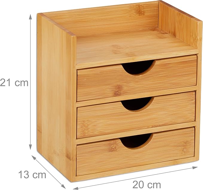 Relaxdays Bamboo Desktop Organizer, 3 Drawers, Desk Tidy, Office Storage Unit, Pen Holder, HxWxD: 21x20x13 cm, Natural, 1 Item - Image 3