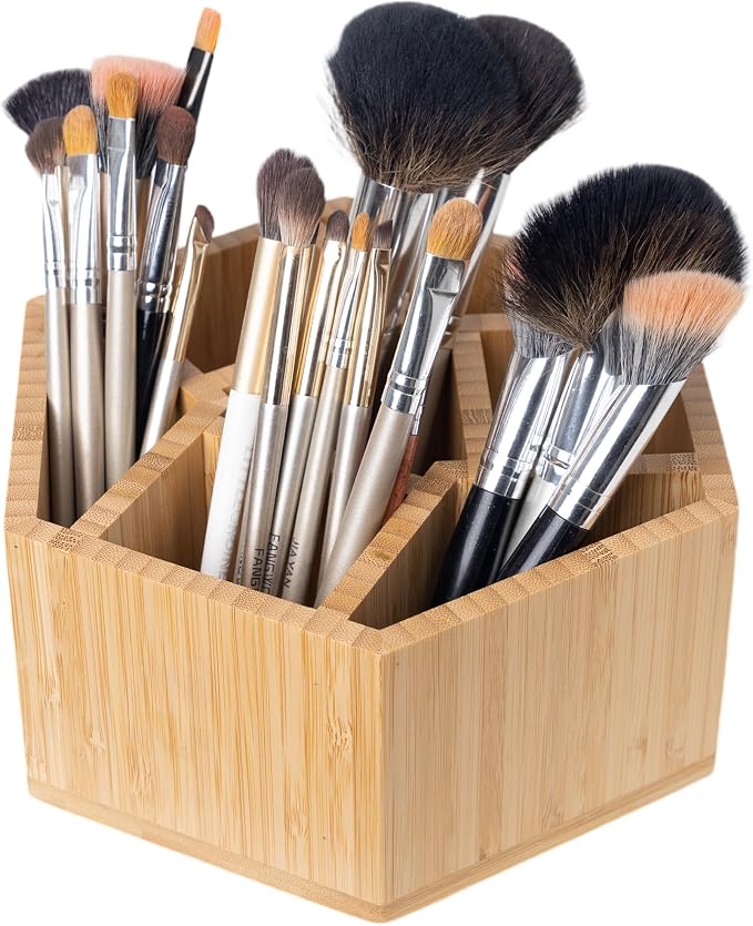 360° Rotating Bamboo Desk Organizer, Hexagonal | 360° Rotating, Art Supply Holder & Office Storage Caddy, For Colored Pencils, Crayons, Paintbrushes - Image 7