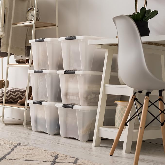 IRIS USA 6-Pack 32 Quart Storage Bins with Lids, Pearl | Conceals contents for a clean look. Great for linens, décor, closet storage, and supplies. Nestable design saves space - Image 6