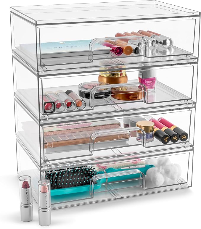 Sorbus Acrylic Storage Containers - 4 Pack, Stackable Storage Bins Set for Bathroom Organization - Clear Acrylic Drawer Organizers - Makeup Case Pull-Out Drawers (12.1’’ Wide) - Image 8