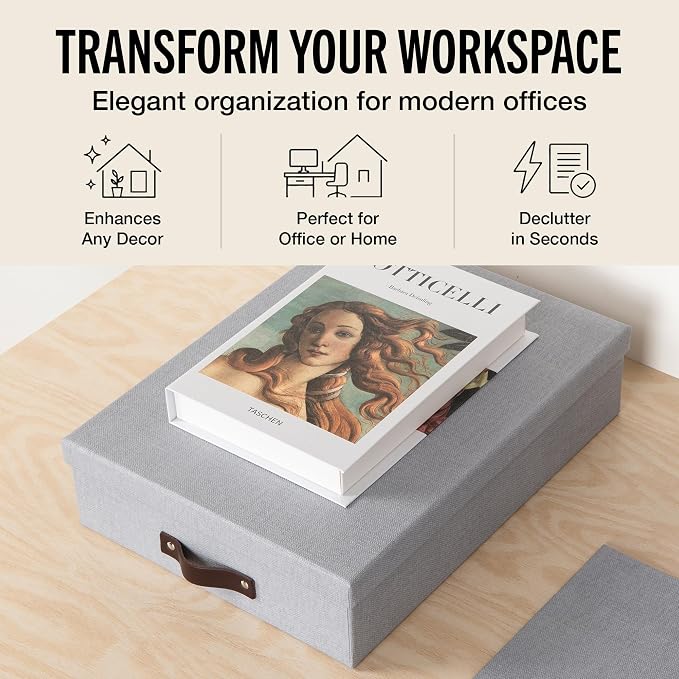 Bigso Oskar Canvas Fiberboard Document Letter Box - File Organizer Box for Important Paperwork - Document Storage with a Lid & Leather Handle - 3.3 in x 10.2 in x 13.8 in - 3 Pack - Ash - Image 2