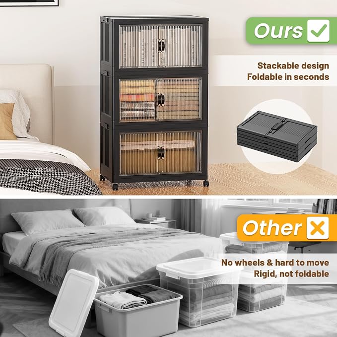 SAILUN 381Qt Stackable Storage Bins,Storage Cabinet with a Lid,3 Pack Black | Stackable storage drawers with lids,28" W x 17" D x 46" H,Featuring open-front access for clothes and closet storage - Image 2