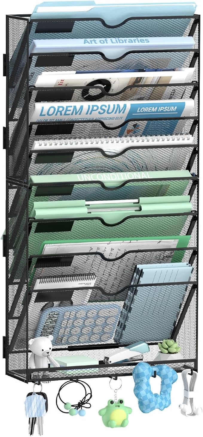 10-Tier Wall File Organizer with 5 Hooks, Wall Mounted Mail Organizer | File Holder Organizer, Metal Mesh Office Wall Organizer for Home, School & Classroom by SUPEASY