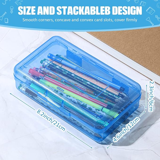 Fainne 24 Pack Pencil Boxes for School Clear Plastic Pencil Case Large Plastic Crayon Box Bulk Stackable Classroom Stationery Organizer School Supplies(Blue) - Image 2