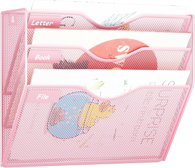 3 Pockets Hanging Wall File Organizer Mail Holder, Wall Mounted Paper Document Folder Holder, Clipboard Storage Organization Magazine Rack, Pink by GDINDINFAN