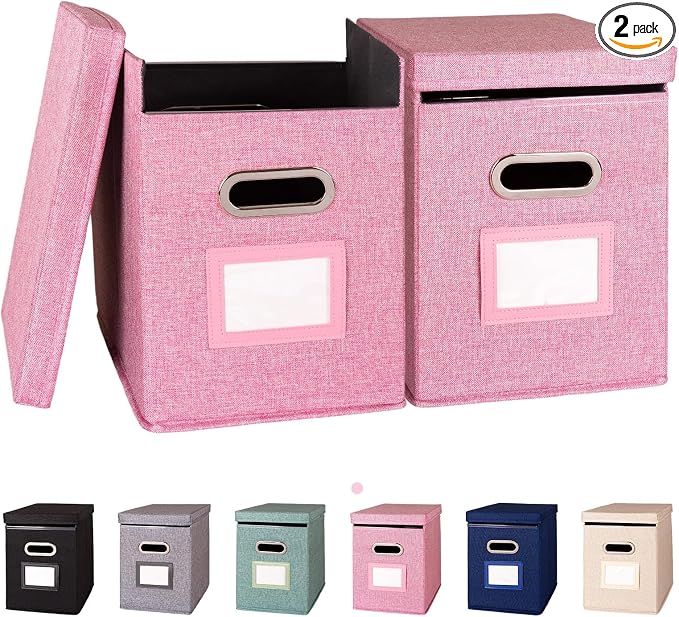 2 Pack Hanging File Folders Organizer with Lid, Letter Size Fabric File Storage Box Collapsible, Portable Office Document Holder with Metal Handle, Smooth PVC Rails, Pink by ComfortKeeper