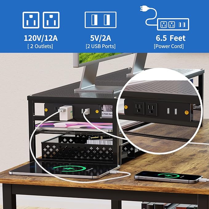 Simple Trending 2-Tier Metal Dual Monitor Stand with USB & 2 Drawers, Black | 32"W x 10"D x 7"H. USB 2.0 + charging port. 2 drawers. Mesh cooling vents. Holds 100 lbs. Non-slip base. Cable ties included. - Image 4