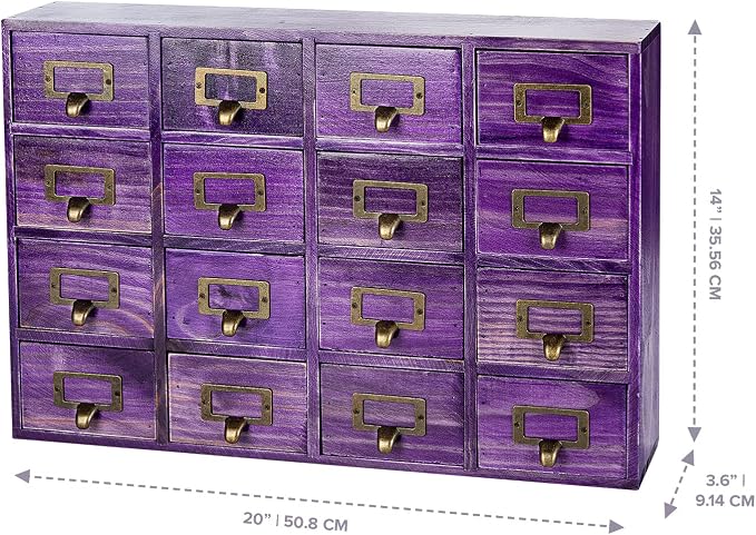 Purple 16-Slot Wooden Drawer Unit - Country Style Desk Organizer Box - 20"x3.6”x14” Wooden Storage Box w/ 16 Drawers - Countertop Drawers w/Label Holder & Handle - Slim 4-Level Organizer - Image 2