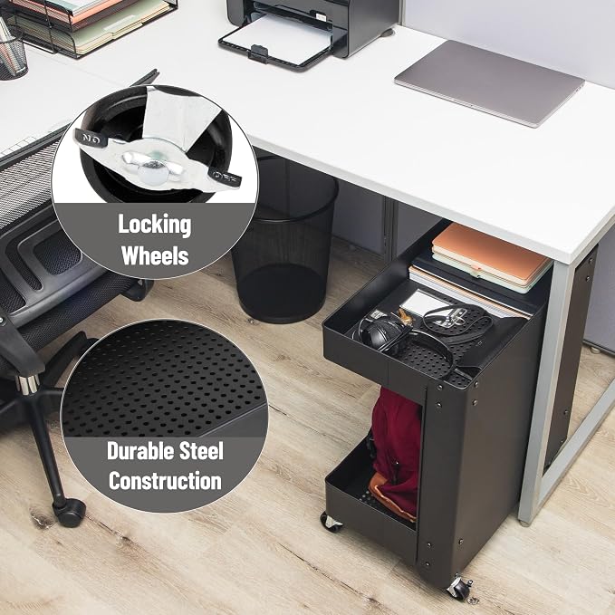Mind Reader Under Desk Rolling Cart, 2-Tier Steel Utility Organizer, No Assembly Required, 12" L x 20" W x 23.5" H, Black - Image 5