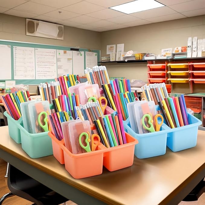 Lineshading 12 Pack Plastic Classroom Caddy - 4 Compartment Organizer Boho Color Table Caddy with Handles for School Home Office Supplies (Yellow,Green,Blue,Pink,Red,Orange) - Image 7