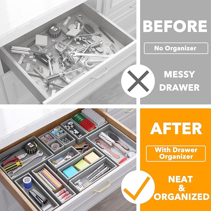 SpaceAid 14-Piece Bamboo Drawer Organizer Storage Boxes Set, Wood Tray Junk Drawer Organizers Multi-Use Divider Bins for Kitchen, Bathroom, Office Desk and Makeup Organization (14 Pack, Gray) - Image 2