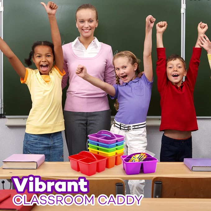 4E's Novelty Classroom Caddy Set of 6, Plastic Caddies for Supply, Caddy Organizer with Handle for Classroom, Rainbow Colors, Desk Caddies for Supplies Keep Desks and Work Stations Organized - Image 5