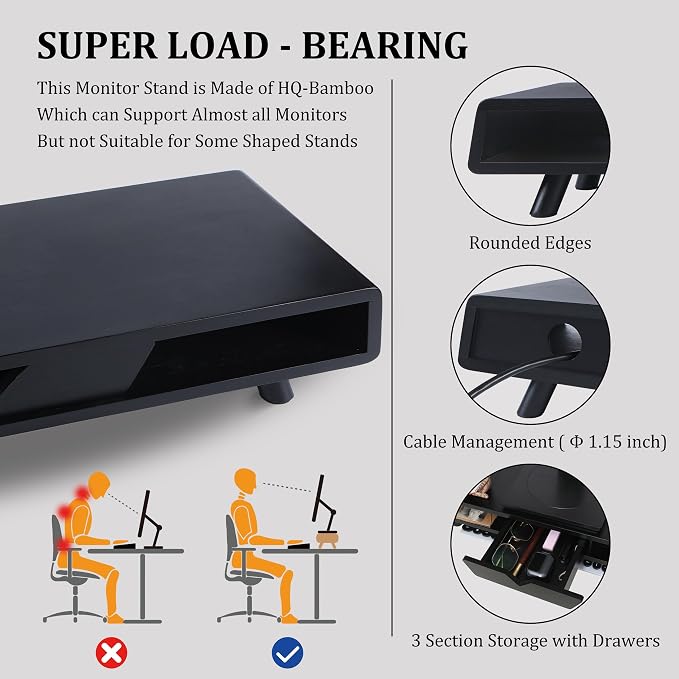 Homerays Monitor Stand with Drawer, Exquisite Computer Monitor Stand for Desk, Ergonomic Wood Monitor Stand Riser for Computer,Laptop,Printer,TV,Bamboo,Black - Image 4