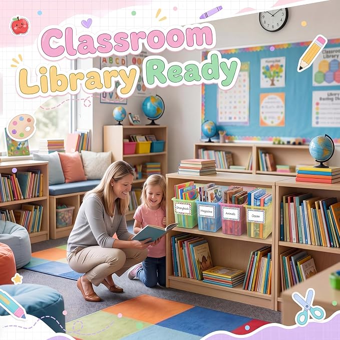 Blosssound 12 Set Book Bins for Classroom with Label Sticker Book Box Baskets Plastic Stackable Organizing Bins Storage & Organization for Classroom Library Home School Supplies (Translucent Pastel) - Image 5