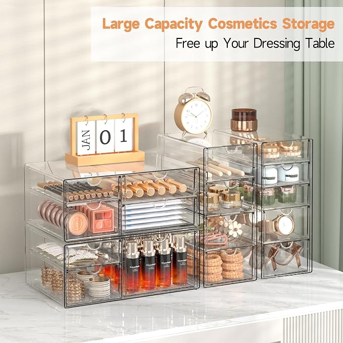 DOMNIU Acrylic Makeup Drawer Storage Organizer with 16 Drawers, 4 Set | Office Desk Organization and Storage, Dustproof Drawer Organizer for Makeup, Countertop, Jewelry, Desktop, Bathroom, Bedroom - Image 2