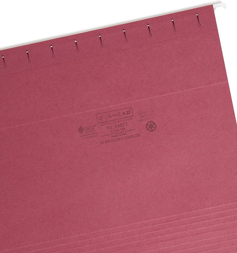 Smead Colored Hanging File Folder with Tab, 1/5-Cut Adjustable Tab, Letter Size, Maroon, 25 per Box (64073) (Pack of 1) - Image 3
