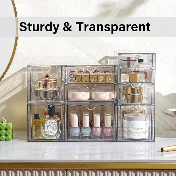 Prsildan Acrylic Drawer Makeup Organizer with 9 Drawers, Set of 3 Office Desk Organizers Accessories, Clear Stackable Storage Drawers for Vanity, Countertop, Craft, Jewelry, Art Supply Organization - Image 9