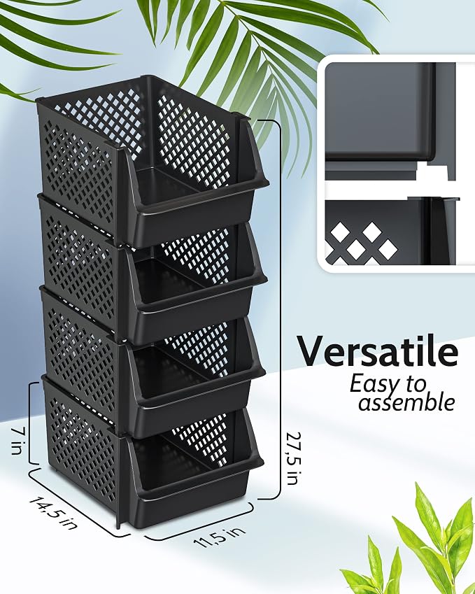 Skywin Stackable Storage Bins Open Front for Pantry Storage, 8 Pack - Black | Sturdy Plastic, Easy Stacking, Open Front Access, Ventilated Sides, Vertical & Space Saving Pantry Organizers and Storage Bin - Image 3