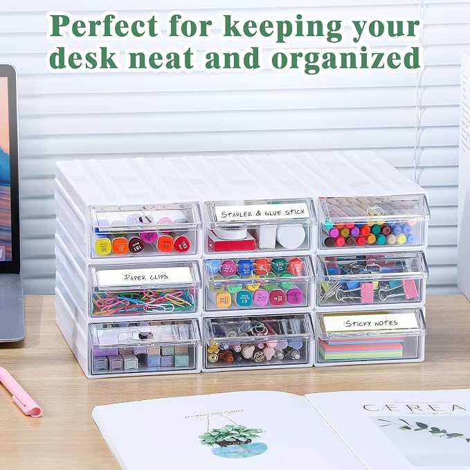 9 Pcs Stacking Office Drawer Organizers - Desktop & Wall Mounted 9 Drawer Storage Closet with 18pcs Clear Dividers Multifunctional Organizer Rack with 9pcs Tag Card for Home Small Items | Track to Lock into Each Other, Stackable without Slipping, 8.7"D... - Image 3