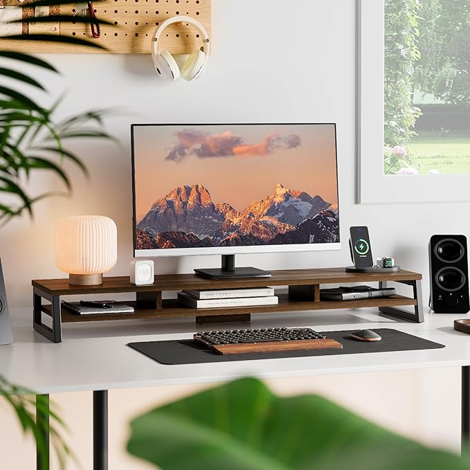 Fenge Dual Monitor Riser for Desk, Open Shelf with 3 Storage Compartments | 42.5in Computer Monitor Stand, 2-Tier Desk Shelf for Top of Desk,One-Piece Panel, fit Ultrawide Monitor, PC, Laptop, Brown - Image 2