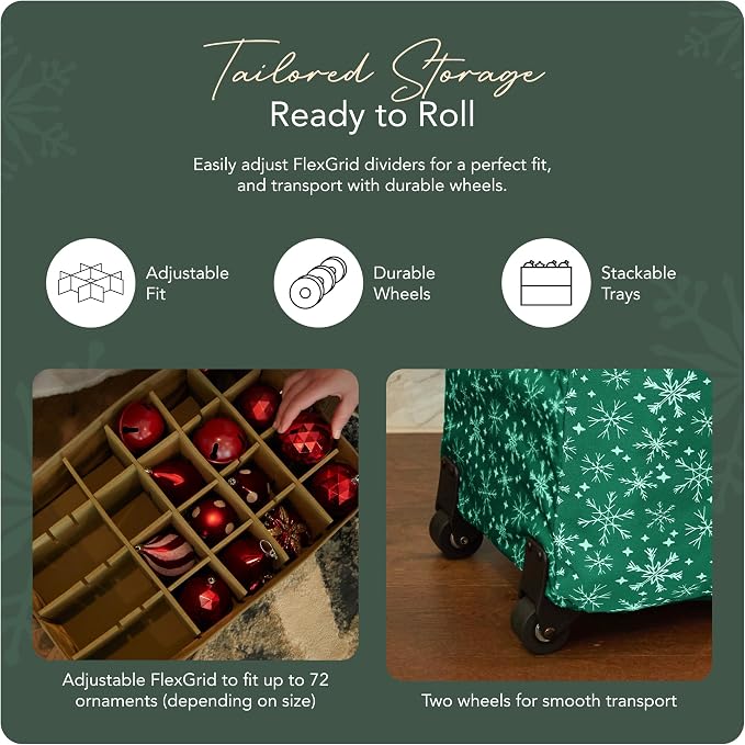 Covermates Keepsakes Rolling Adjustable Ornament Storage Bag – Heavy-Duty Polyester, FlexGrid Trays & Padded Dividers – Protective Holiday Organizer with Wheels, Handles & ID Window, Green Snowflake - Image 5