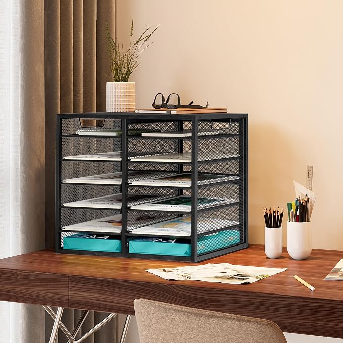 TQVAI 12 Compartments Desktop Literature Organizer, Metal Frame Paper Sorter with Handles, Adjustable Mailbox for Classroom and Office, Desk File Organizer for Document, Bill, Magazine, Black - Image 6
