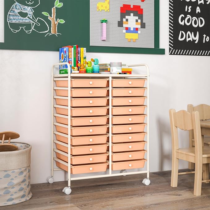 GOFLAME 20-Drawer Rolling Storage Cart, Multifunctional Art Craft Organizer Cart, Mobile Utility Storage Cart with Removable Drawers & Lockable Wheels, Craft Cart for Home Office, Peach Fuzz - Image 2