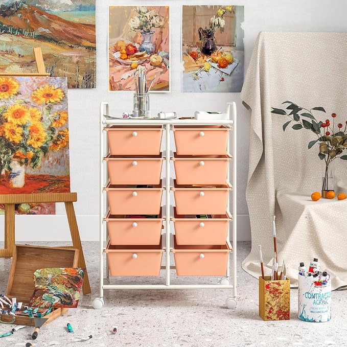 Moccha Rolling Cart with 10 Drawers - Under Desk Storage Drawers with wheels for Craft Art Supply Paper Salon, Under Desk Cabinet on Wheels, Multipurpose Movable Utility Cart for Classroom - Image 9