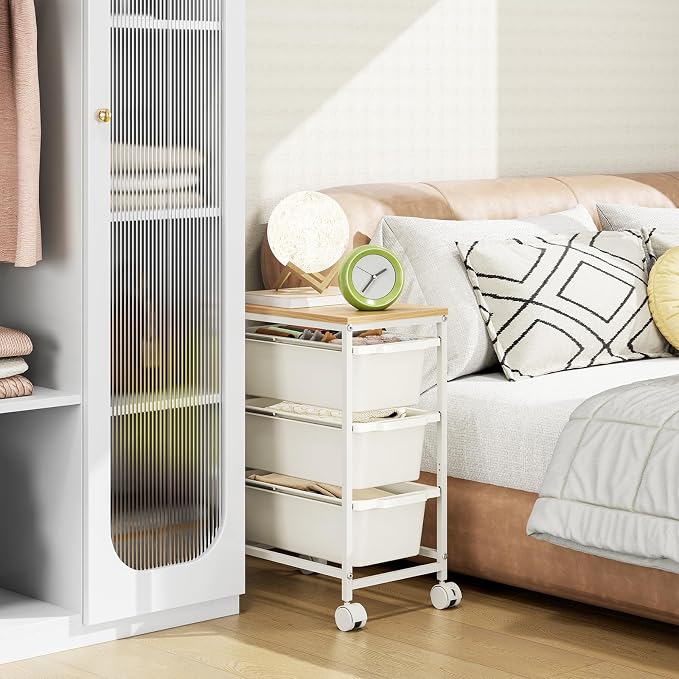 KINGBOARD Slim Rolling Cart with 3 Drawers, Metal Utility Storage Cart | Wooden Tabletop, Lockable Wheels, Under Desk Trolley for Bedroom, Children's Room and Office Organization, White - Image 6