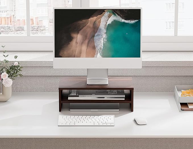 FITUEYES Wooden Monitor Stand Riser, 2-Tier Desk Storage Shelf, Brown | 16.7-Inch Desktop Organizer Fits Laptop, Computer Screen and Office Supplies - Image 3