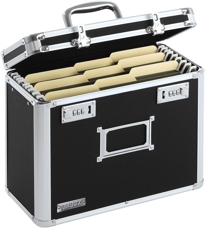 Vaultz File Organizer Storage Box, Letter Size, 14 x 7 x 12.19 In, Black | Locking storage tote with dual combination locks, keeps office documents secure and organized for filing needs by Vaultz