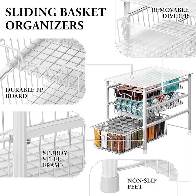 Simple Houseware Stackable 3 Tier Sliding Basket Organizer Drawer, White - Image 4