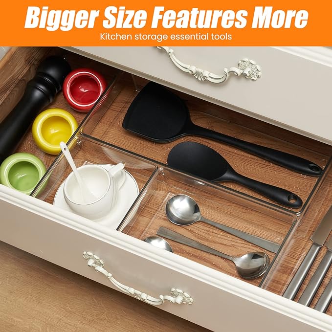 22 Pcs Drawer Organizer Bins, Acrylic Non Slip Kitchen Drawer Organizers Storage Tray Divider, Multifunctional Storage for Cosmetics, Bathroom, Tools, Kitchen and Office - Image 6