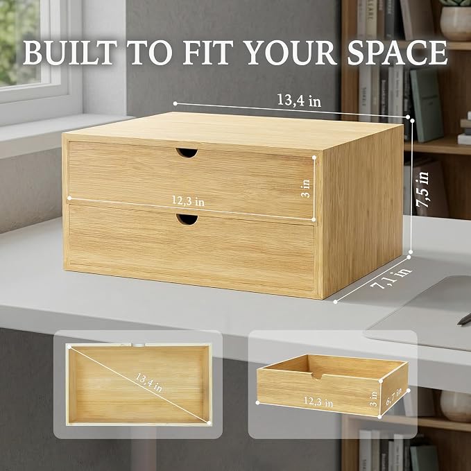 Bamboo Desk Organizer with 2 Drawers, Wood Storage Box for Office Supplies | Solid Tabletop Drawer Chest, 13.4 x 7.1 x 7.5 in, No Assembly - Fits Countertop, Vanity, Dorm and Small Spaces - Image 3