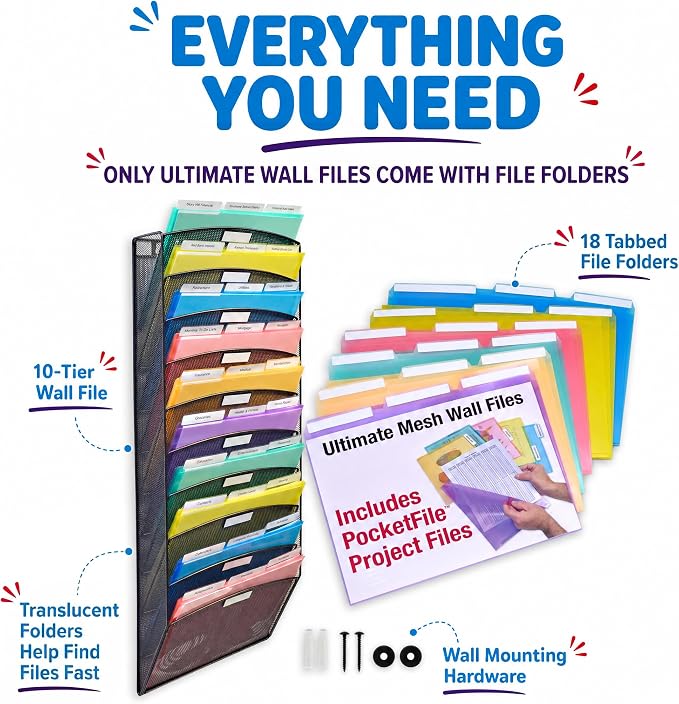 Ultimate Office Mesh Hanging Wall File Organizer, 10 Tier + 18 PocketFiles | Vertical mount hanging file sorter and display rack; includes 18 3rd-cut PocketFile clear document folders - Image 6