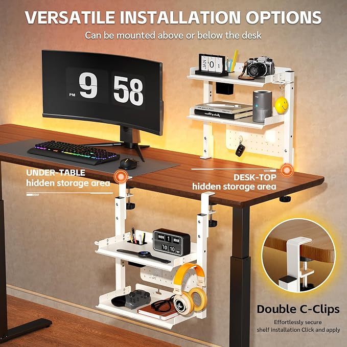 Metal Clamp On Desk Shelf,Storage Shelves with Pegboard and Pencil Holder | 2-Tier Adjustable 16 inch Above or Under Heavy Duty Desktop Organizer with Headphone Holder for Desk Accessories (White) - Image 4