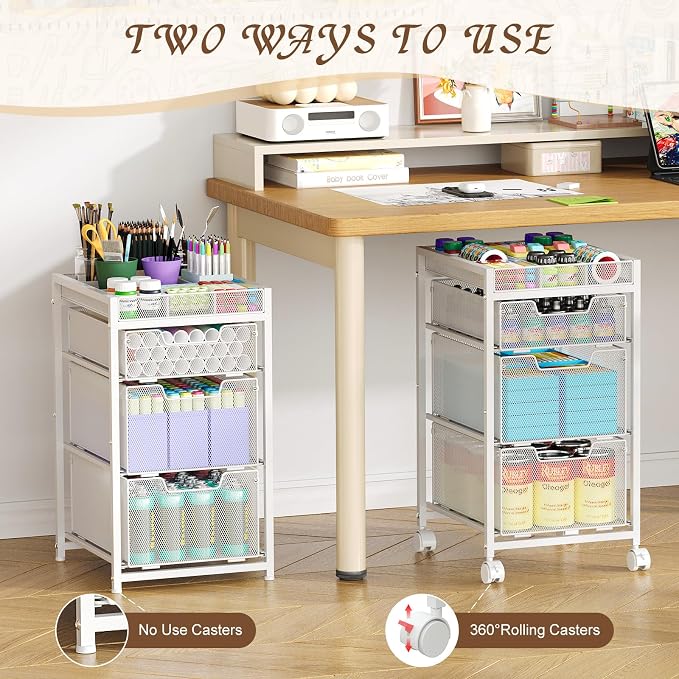 Rolling Utility Cart with 3 Drawers, Craft Organizer and Storage with DIY Divider, Lockable Wheels, Multi-Functional Storage for Art Supplies, Store for Brushes & Paints & Artifacts,White - Image 3