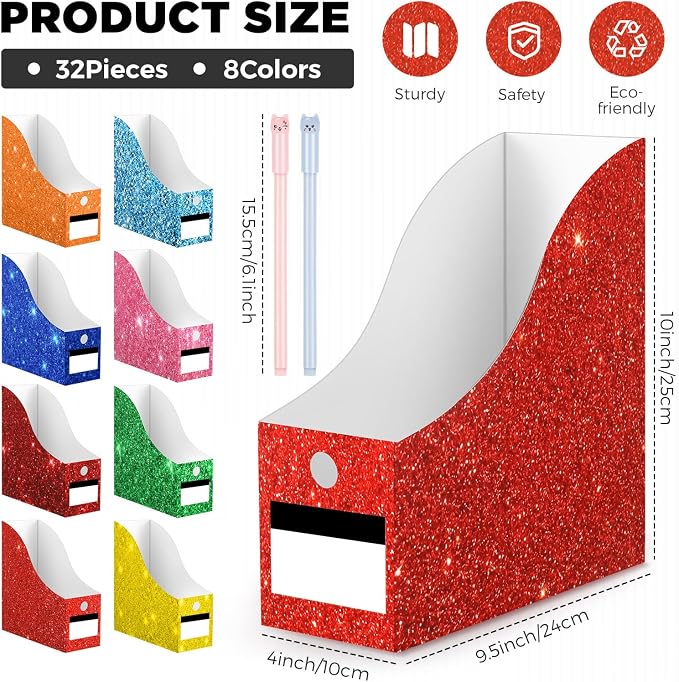 32 Pcs Magazine File Holder Set Including Colored Foldable Desk File Holder Organizer White Label Stickers Cat Pen Cardboard Magazine Storage Box for Document School Office (Solid,Glitter) - Image 2