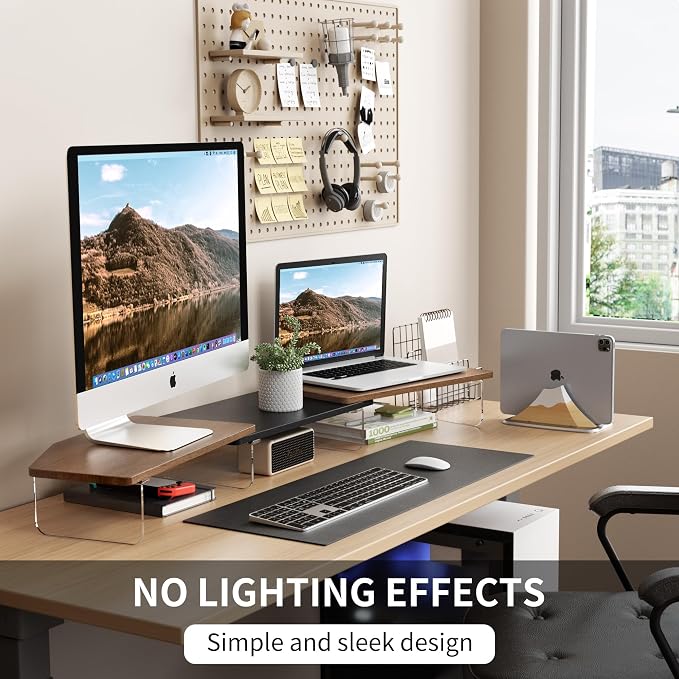 AFOOYO LED Dual Monitor Stand Riser for 2 Monitors,Office Desktop Wooden Stand Adjustable Length and Angle 3 Shelf,Extra Long Multifunctional Stand up to 44.4" for Computer,Laptop,TV,Walnut Finish - Image 2