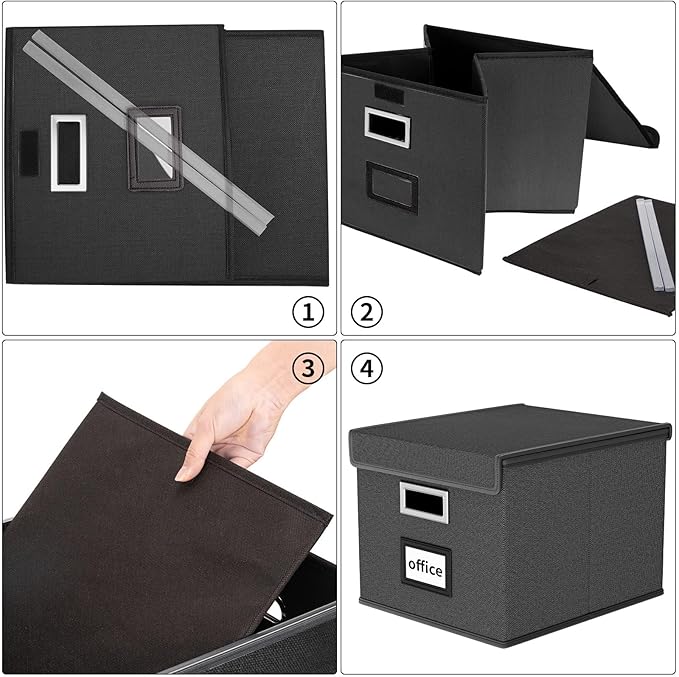 File Organizer Box with Lids, Collapsible File Folder Organizer | File Box with Plastic Slides for Office Document Storage, Filing Bin for Letter Size Hanging File Folders (4 Pack, Black) - Image 7