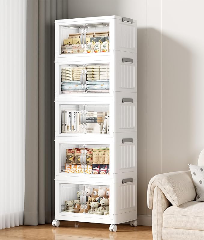 Hanyi 175 QT Stackable Storage Bins with Lids, 5 Tier Collapsible Plastic Storage Cabinet with Magnetic Doors, Removable Top Lid, Locking Wheels, Closet Organizer for Bedroom, Pantry, Office by Unknown