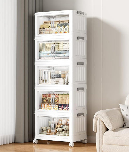 Hanyi 175 QT Stackable Storage Bins with Lids, 5 Tier Collapsible Plastic Storage Cabinet with Magnetic Doors, Removable Top Lid, Locking Wheels, Closet Organizer for Bedroom, Pantry, Office by Unknown