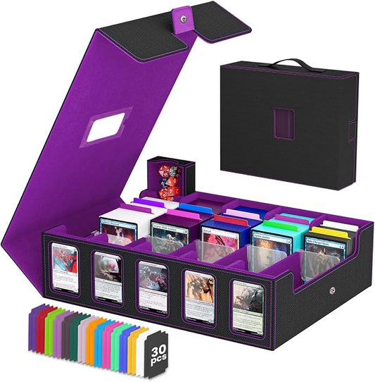 Trading Card Storage Box, 5 Row Card Deck Case with Commander Display & Portable Handle, 4200+ Card Deck Boxes Compatible for MTG TCG Magic Cards, 30 Divider, 8 Supporters, 1 Dice Tray(Black & Purple) by Gomyrod