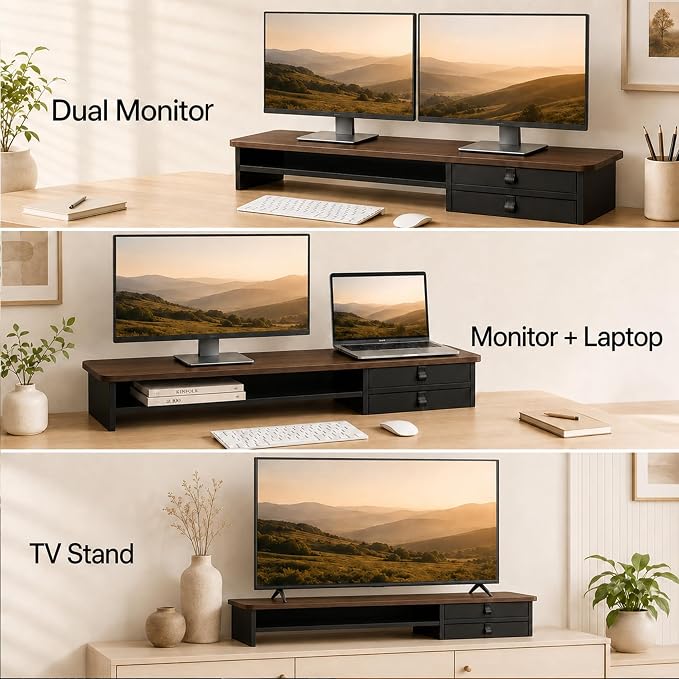 Dual Monitor Stand, 42.5 Inch Wood Monitor Riser with Drawers, 2 Tier Desktop Organizer for Computer Laptop TV, Large Screen Stand for Home Office Desk - Image 6